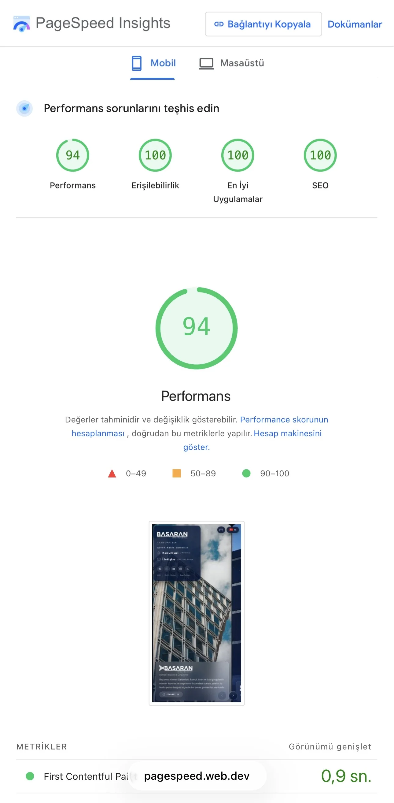 Başaran International, Google PageSpeed Insights - Mobil