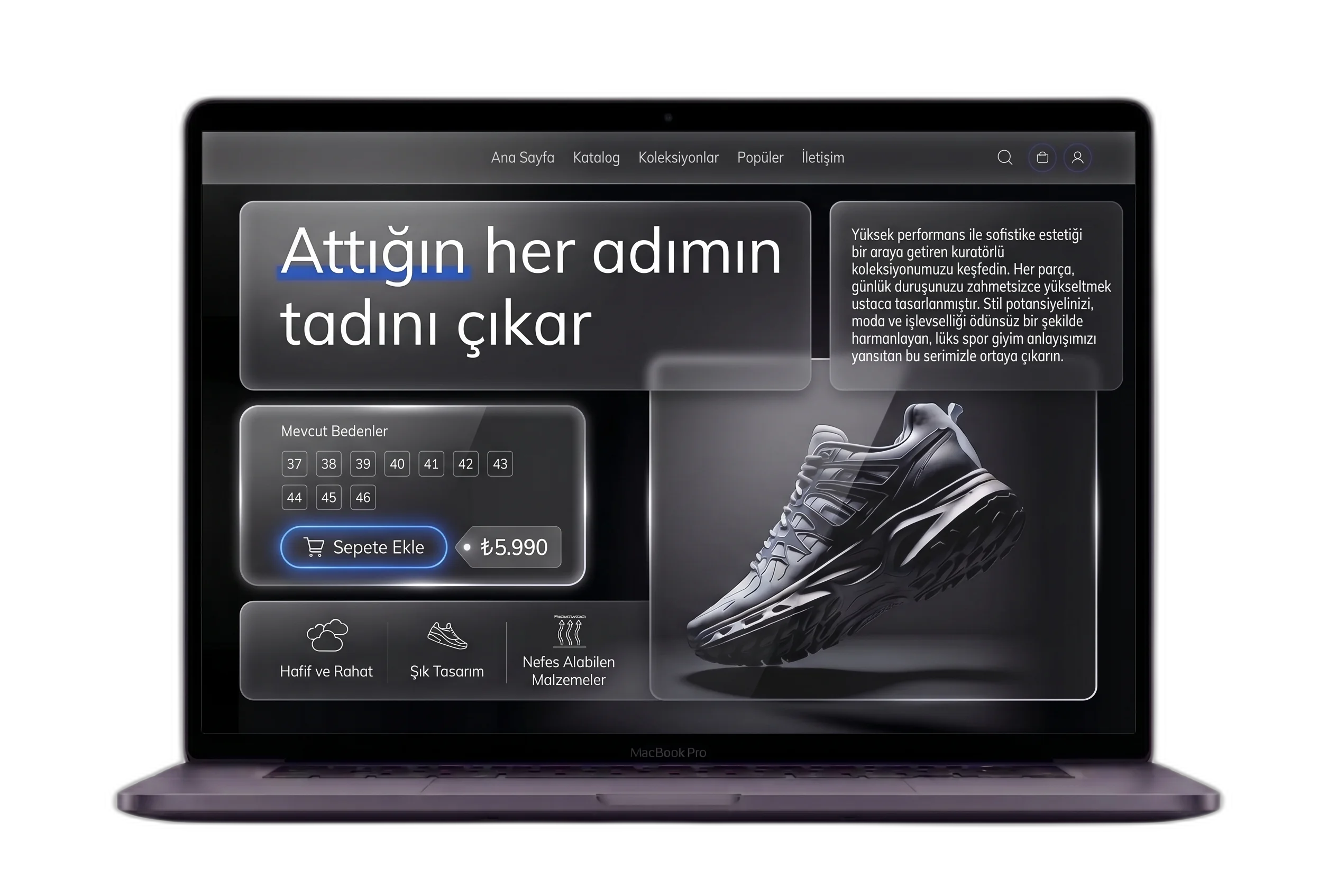 E-ticaret sitesi arayüzü, ürün sayfası ve sepet tasarımı örneği