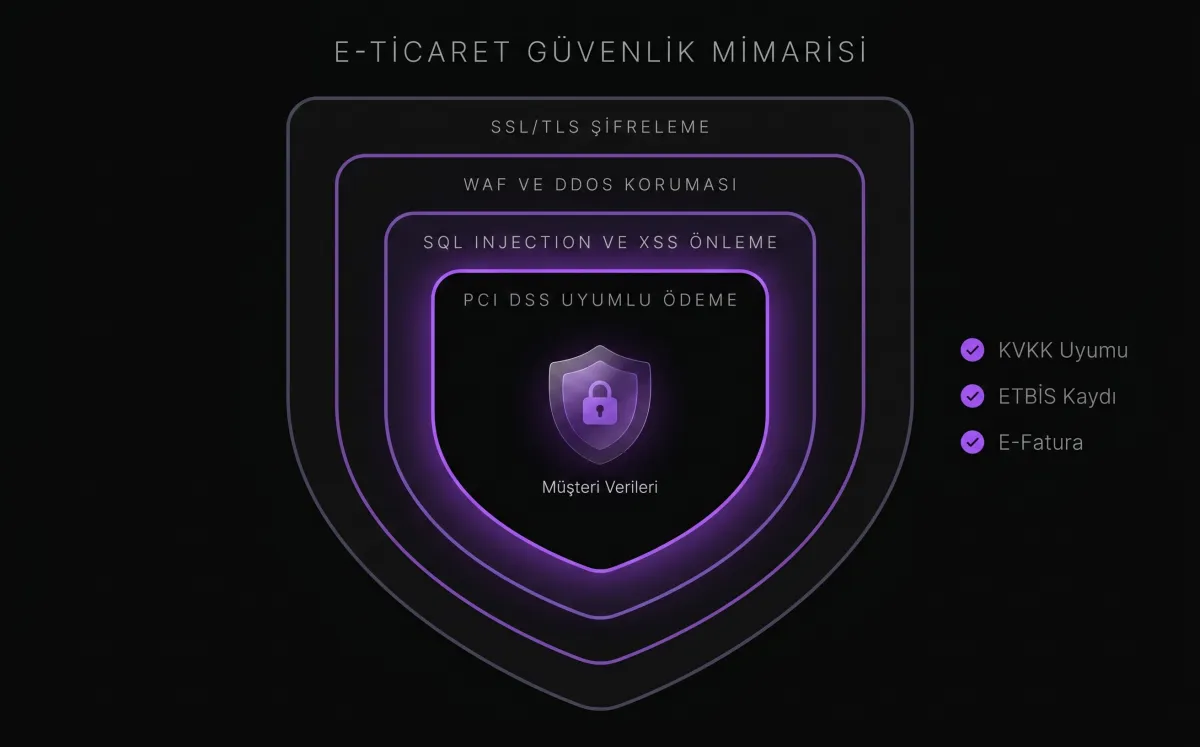 E-ticaret sitesi güvenlik katmanları: SSL/TLS, WAF, SQL Injection önleme, PCI DSS